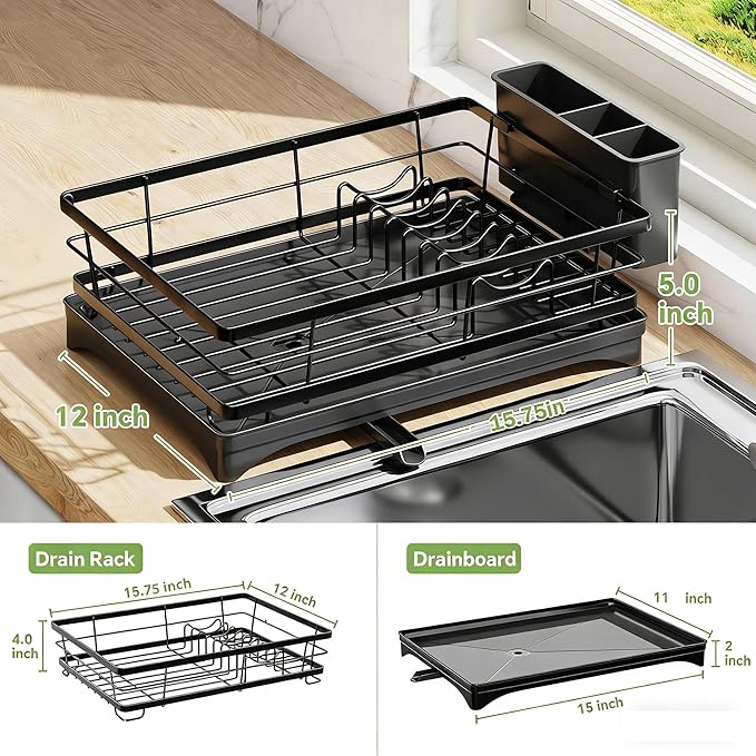 Simple Trending Dish Drying Rack for Kitchen Counter, Sink Organization and Storage, Rustproof Dish Drainer with Removable Utensil Holder, Drainboard, 12''W x 17''L, Black