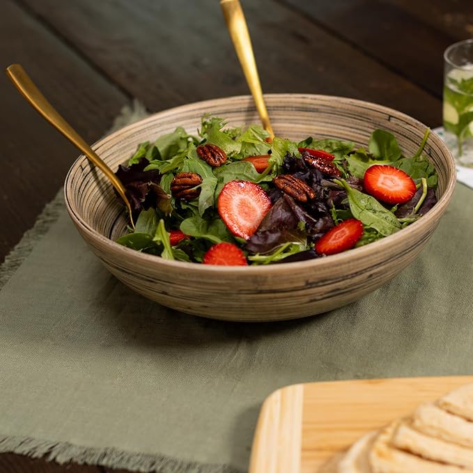 LEXA 12" Handmade Bamboo Salad Bowl – 130 oz Large Wooden Fruit Bowl for Kitchen Counter, Black Bamboo, Pack of 2