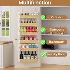 6 Tier Over The Door Pantry Organizer, 2-in-1 Door Hanging or Wall Mounted Spice Rack, Large Heavy Duty Pantry Door Storage Seasoning Shelves with Adjustable Basket for Kitchen Bathroom Closet