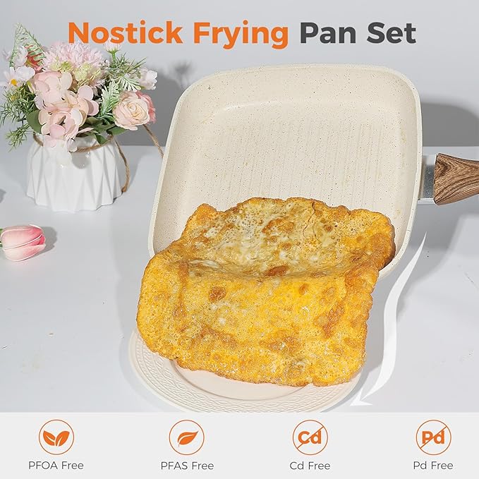 NEWBULIG Nonstick Frying Pan Skillets Set, with Detachable Stay-Cool Handle, Non toxic Induction Cookware, Free of Intentionally Added PFOA, Dishwasher ＆ Oven Safe, (9.5", 10.2", 11") Beige