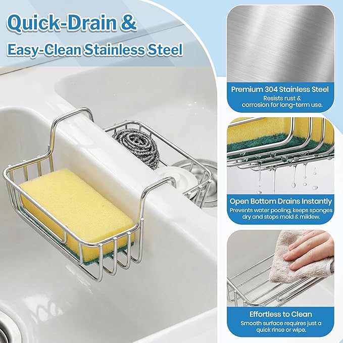 2 Pack Stainless Steel Sponge Holder for Kitchen Sink, Double Sided Sink Caddy Sponge Holder for Brush, Soap, Towel - Rustproof Hanging Organizer for Kitchen Double Basin, Top Width 1.93"