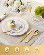 Goodluck 200PCS Gold Disposable Plastic Dinnerware Set for 25 Guests, Include 25 Dinner Plates, 25 Dessert Plates, 25 Napkins with Silverware, 25 Cups, 25 Champagne Glasses, for Christmas, Wedding