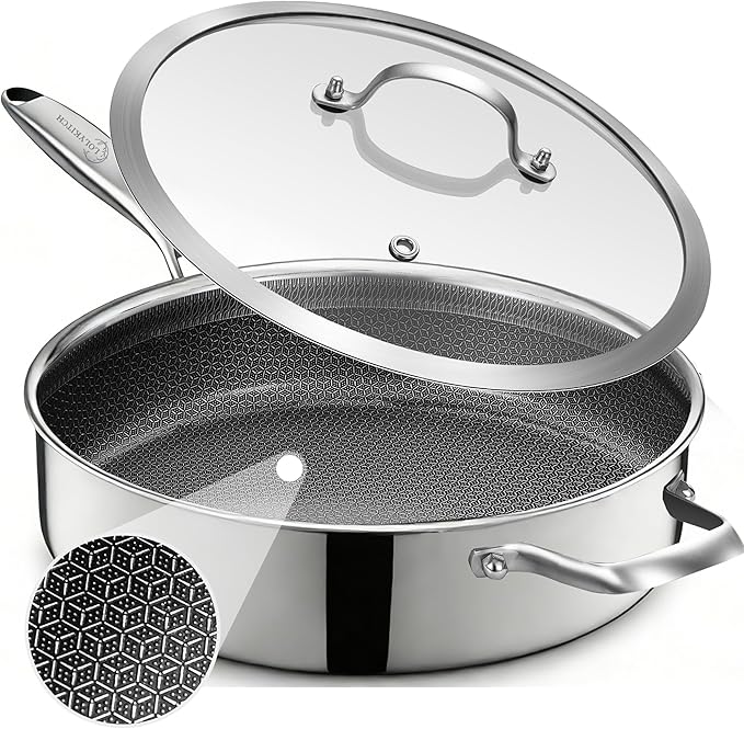 LOLYKITCH 12 Inch Deep Frying Pan with Lid, Nonstick 5QT Tri-Ply Stainless Steel Sauté Pan with Ceramic Coating, PFOA & PFOS Free, Induction Cooking Skillet, Dishwasher and Oven Safe