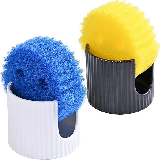 Ceramic Sponge Holder for Kitchen Sink - Dishwasher Safe Porcelain Dish Sponge Caddy Minimalist Vertical Stripes, Scrub Daddy Drying Rack for Countertop, Bathroom, Kitchen Sink Organizer, 2pcs