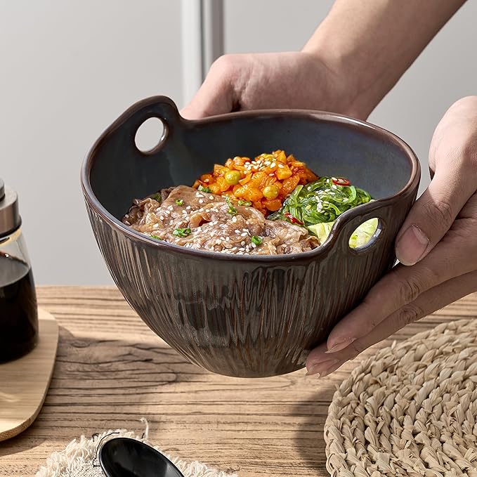 Ramen Bowl with Chopsticks and Spoons Set, 7 Inch Ceramic Noodle Bowl Set of 2, Dishwasher Safe for Pho Udon Soba Noodle Salad Pasta, Special Reactive Glazed Bowls Set, Purple-Gray