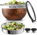 18/8 Stainless Steel Salad Bowl Kit - 74oz, Mixing Bowls with Lids Set, Teakwood - Comes with 1.7oz Condiment Container and Removable Tray for Organization - Leak-Proof, Dishwasher Safe (Wood)
