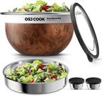 18/8 Stainless Steel Salad Bowl Kit - 74oz, Mixing Bowls with Lids Set, Teakwood - Comes with 1.7oz Condiment Container and Removable Tray for Organization - Leak-Proof, Dishwasher Safe (Wood)