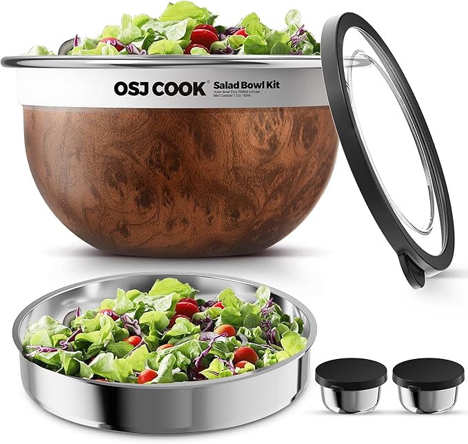 18/8 Stainless Steel Salad Bowl Kit - 74oz, Mixing Bowls with Lids Set, Teakwood - Comes with 1.7oz Condiment Container and Removable Tray for Organization - Leak-Proof, Dishwasher Safe (Wood)