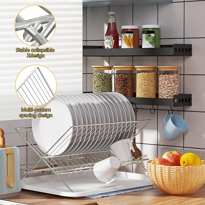Collapsible Dish Drying Rack Space Saving Foldable Drying Rack Dishes,Stainless Steel(304) Dish Racks for Kitchen Counter,Campact Kitchen Metal 2-Tier Large