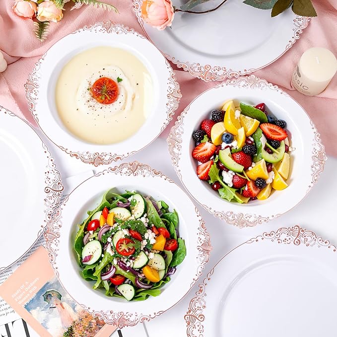 100PCS Rose Gold Plastic Bowls - 12 oz Disposable Salad Bowls - Heavy Duty Disposable Soup Bowl - Fancy Plastic Ice Cream Bowl for Weddings Parties Catering Picnics Mother‘s Day
