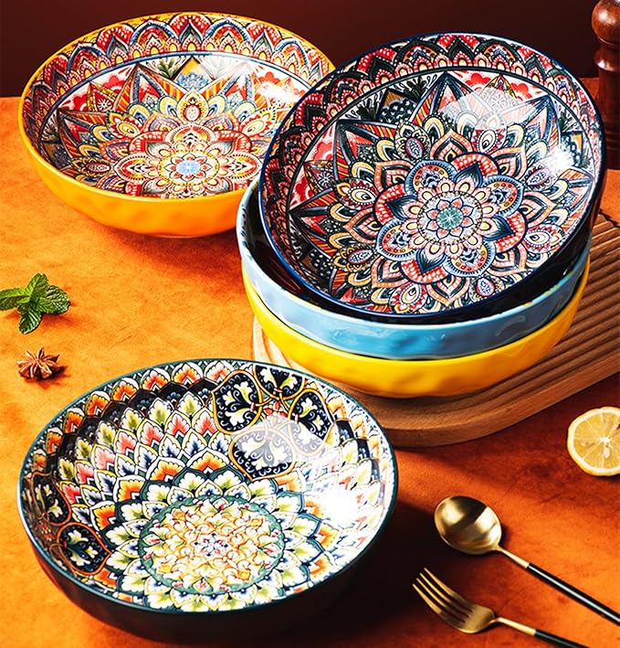 Boho Large Serving Bowls, 10.2 Inch Fruit Salad Bowls, Decorative Serving Dishes for Entertaining, 80 OZ Pasta Bowls Set of 2, Vibrant Colorful Soup Bowls for Party, Home Decor, Bohemian Style Gift