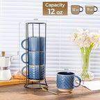 GBhome 12OZ Stackable Coffee Mugs with Stand, Ceramic Coffee Mugs with Texture Patterns for Man,Woman,Dad,Mom, Modern Coffee Cups Set of 4 for Latte/Cappuccino/Cocoa. Dishwasher&Microwave Safe, Blue