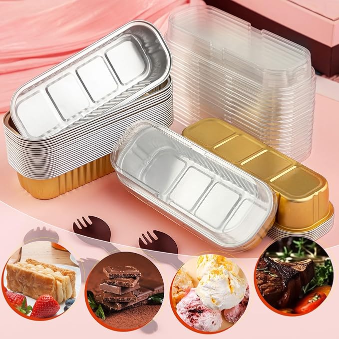 60Pcs Mini Loaf Pans with Lids and Spoons, Aluminum Foil Baking Pans, Rectangle Mini Cake Pan, Brownie Baking Cups for Picnics Party (Gold)