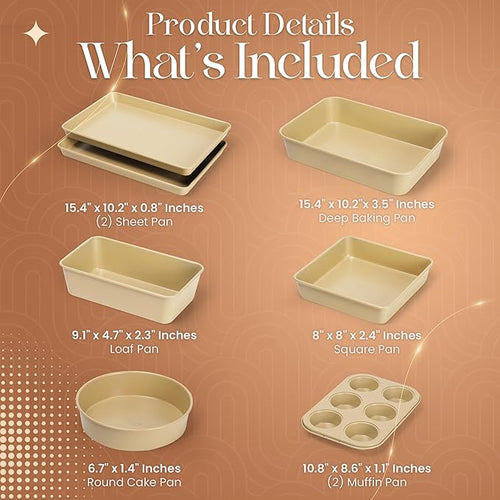 8 Piece Nonstick Stackable Bakeware Set - 8 Piece Nonstick Bakeware Set - Easy Storage, 450°F Oven Safe, Durable Design, Muffin, Loaf, Baking Sheets, Round & Square Pan, Roaster; BPA-Free (Beige)