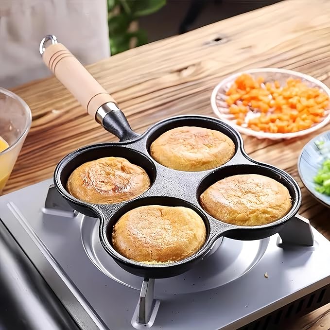 Cast Iron 4-Cup Egg Pan, Small Omelette Pan with Turner & Oil Brush, Breakfast Pan for Eggs Pancakes Sandwiches Burgers, Suitable for Gas Stove & Induction, Naturally Nonstick with Seasoning, 6.6inch