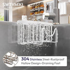 SWTYMIKI Sponge Holder for Kitchen Sink - Movable Kitchen Sink Caddy with M Shape Hook, Stainless Steel Hanging Sponge Caddy for Dish Sponge, Brush, Stopper Organizer in Double Bowl Sink, White