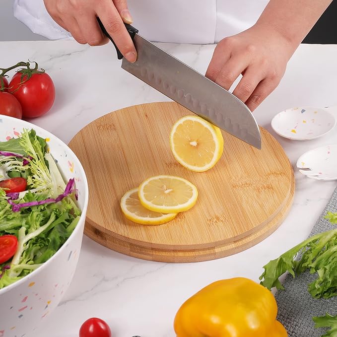 ECOWAY Melamine Salad Bowl with Bamboo Lid & Servers, Bamboo Fiber Salad Serving Bowl 4Qt, Salad Mixing Utensils with Tongs Spoon for Salad, Fruit, Soup, Vegetables, Pasta, Dessert Bowls, 9.84 Inches