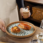 Round Rattan Tray with Mother of Pearl Inlay, Decorative Wicker Serving Tray with Wooden Base, Woven Basket Trays for Bread Fruits Coffee, Light Blue