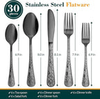 Black Silverware Set, 30 Pieces Vintage Carved Flatware Set for 6, Stainless Steel Cutlery Set with Knife/Fork/Spoon,Utensil Set for Home and Kitchen, Dishwasher Safe