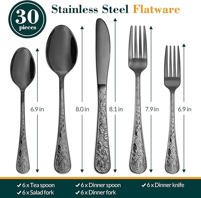 Black Silverware Set, 30 Pieces Vintage Carved Flatware Set for 6, Stainless Steel Cutlery Set with Knife/Fork/Spoon,Utensil Set for Home and Kitchen, Dishwasher Safe