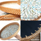 Round Rattan Tray with Mother of Pearl Inlay, Rattan Serving Tray for Coffee, Bread, Fruits, Decorative Wicker Tray for Table Decor, Home Decor, Kitchen Island Decor (Ambilight, 11.8")