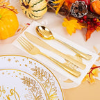 Hioasis 175pcs Thanksgiving Plastic Plates - Elegant Disposable Dinnerware Set Suitable for 25 Guests Include 10.25" Dinner & 7.5" Dessert Plates, Knives,Forks,Spoons, Cups,Napkins for Thanksgiving
