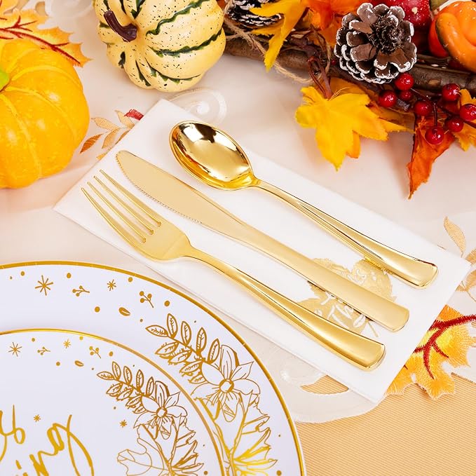 Hioasis 175pcs Thanksgiving Plastic Plates - Elegant Disposable Dinnerware Set Suitable for 25 Guests Include 10.25" Dinner & 7.5" Dessert Plates, Knives,Forks,Spoons, Cups,Napkins for Thanksgiving