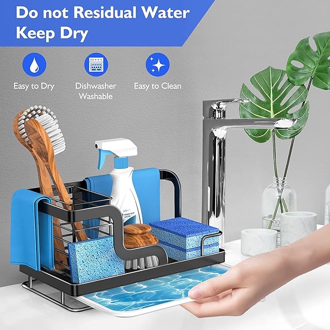 BSKSSK Sink Caddy - Kitchen Sink Organizer with Sponge, Dish Soap, Scrubber & Drain Pan Holder - Black