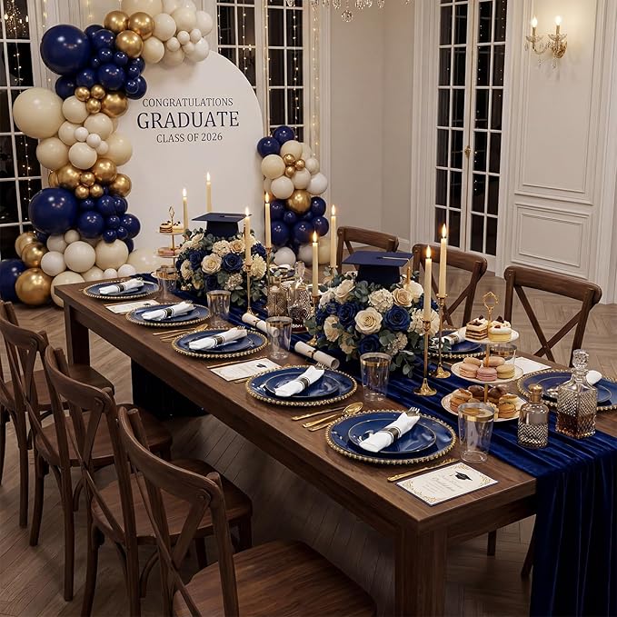 KIRE 350Pcs Blue and Gold Plates -Heavy Duty Navy Blue Dinnerware Set - 100 Plastic Plates 50 Pre Rolled Napkins with Gold Plastic Silverware 50 Cups for Birthday/Wedding/Parties/Passover/Graduation