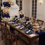 KIRE 350Pcs Blue and Gold Plates -Heavy Duty Navy Blue Dinnerware Set - 100 Plastic Plates 50 Pre Rolled Napkins with Gold Plastic Silverware 50 Cups for Birthday/Wedding/Parties/Passover/Graduation