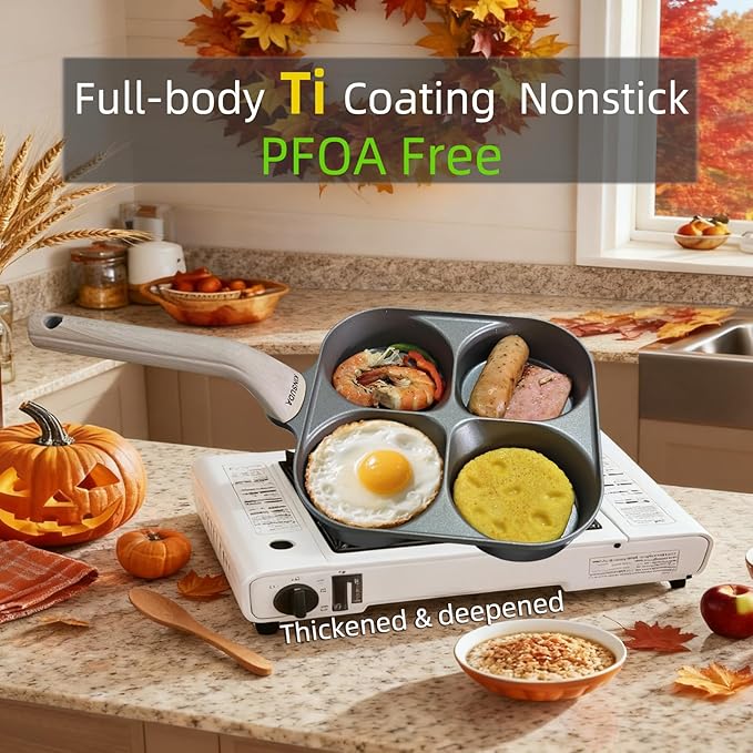 4-Cup 4-Hole Divided Titanium Nonstick Egg Pan, Induction Compatible 4-in-1 Breakfast Skillet for Pancakes, Burger Patties, Omelettes, PFOA-Free, Fast Heating, Dishwasher Safe