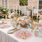 KIRE 210Pcs Clear Pink Plastic Plates with Gold Rim - Disposable Pink Plates&Silverware&Pink Cups&Hand Napkin - Plum Colored Plastic Dinnerware for Upscale Wedding/Party/Baby Shower/Mother's Day