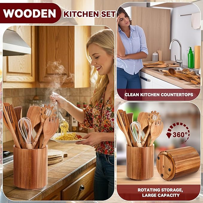 11 Pcs Wooden Kitchen Utensils Set with 360° Rotating Holder 7.3" x 5.9" Acacia Wood Cooking Utensils with Holder Cooking Spoons Spatulas for Nonstick Cookware Countertop Kitchen(Natural)