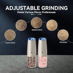 Rechargeable Electric Salt and Pepper Grinder set of 2, gravity electric salt and pepper grinder set, Adjustable Roughness, LED Light, 2 Pack, (Khaki)