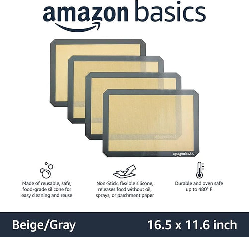 Amazon Basics Non-Stick Silicone Baking Mat, Food Safe, Dishwasher Safe, Heat Resistant, 16.5" x 11.6", Beige/Gray, Rectangular, 4-Pack