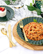 YOUBET 175PCS Green Scalloped Plastic Plates - Green and Gold Disposable Dinnerware Set Include 50 Plates, 75 Gold Silverware, 25 Cups, 25 Napkins for Party & Wedding