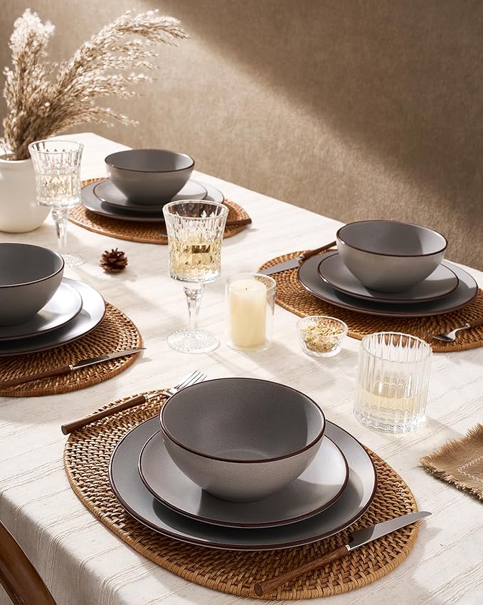 Famiware Venus Plates and Bowls Sets, 18 Pieces Stoneware Speckled Dishes Dinnerware Set for 6, Matte Dark Gray - Microwave & Dishwasher Safe, Modern Minimalist, for Everyday Meals & Formal Dining
