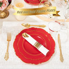 Liacere 350PCS Red Plastic Plates - Red Disposable Plates With Gold Rim - 50Guest Baroque Plastic Dinnerware include 100Plates-50Pack Pre Rolled Napkins with Silverware 50Cups for party & Mothers Day