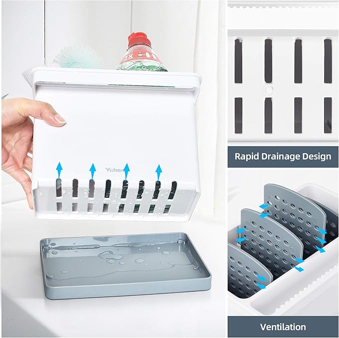 YOHOM 2-in-1 Sink Caddy with Sink Drain Tray & 4 Adjustable Dividers for Kitchen Sponge & Brush Holder