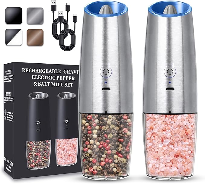 Rechargeable Electric Salt and Pepper Grinder set of 2, gravity electric salt and pepper grinder set, Adjustable Roughness, LED Light, 2 Pack, (Silver)