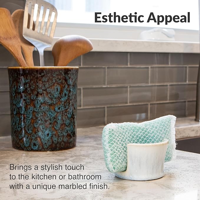 Elevated Lifestyle Ceramic Sponge Holder – Sink Caddy Organizer, Decorative Bathroom and Kitchen Sink Accessories, Allows Sponge to Dry, Ideal Countertop Sponge & Bar Soap Holder - (Marbled White)