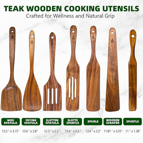 7 PCS Wooden Spatula for Cooking, Natural Teak Wooden Utensil Set, Non-Toxic Wood Cooking Utensil, Handmade Comfort Grip Wood Spoons for Nonstick Cookware