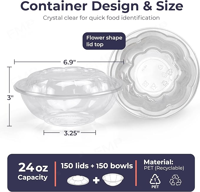 Fit Meal Prep 50 Pack 24 oz Disposable Plastic Clear Salad Bowls with Airtight Lids - To Go for Lunch, Takeout, Party, Catering, Picnic