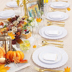 YOUBET 125PCS White Plastic Plates with Gold Rim, Gold Plates Disposable with Golden Silverware Include 25 Dinner Plate 25 Dessert Plate 25 Forks 25 Knives 25 Spoons For Wedding, Parties