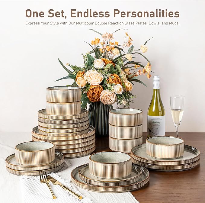 GBHOME 24-Piece Stoneware Dinnerware Set for 8 – Ribbed Ceramic Plates and Bowls, Scratch-Resistant, Microwave & Dishwasher Safe, Reactive Glaze, Celadon Mist