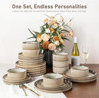 GBHOME 24-Piece Stoneware Dinnerware Set for 8 – Ribbed Ceramic Plates and Bowls, Scratch-Resistant, Microwave & Dishwasher Safe, Reactive Glaze, Celadon Mist