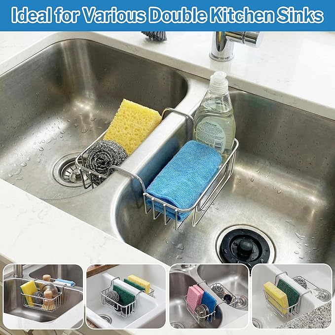 2 Pack Stainless Steel Sponge Holder for Kitchen Sink, Double Sided Sink Caddy Sponge Holder for Brush, Soap, Towel - Rustproof Hanging Organizer for Kitchen Double Basin, Top Width 1.93"
