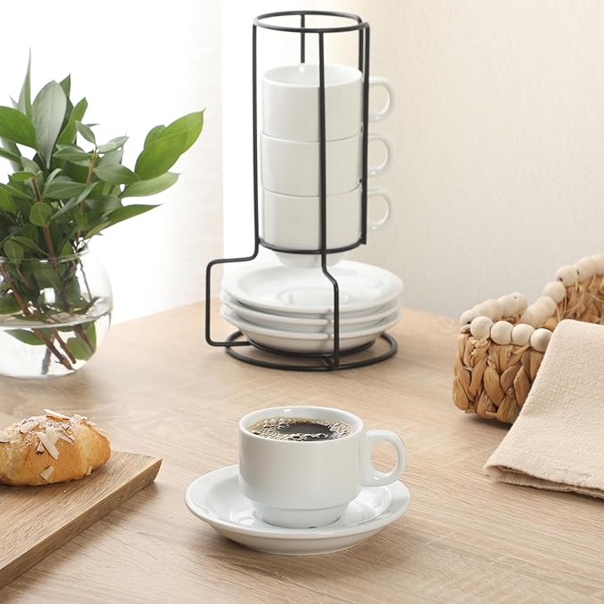 Gibson Home Gracious Dining 3-Ounce Espresso Cups Set of 4, Small Stackable Coffee Cups with 4 Saucers, Metal Stand, Ceramic Demitasse Mugs, Espresso Accessories for Machine