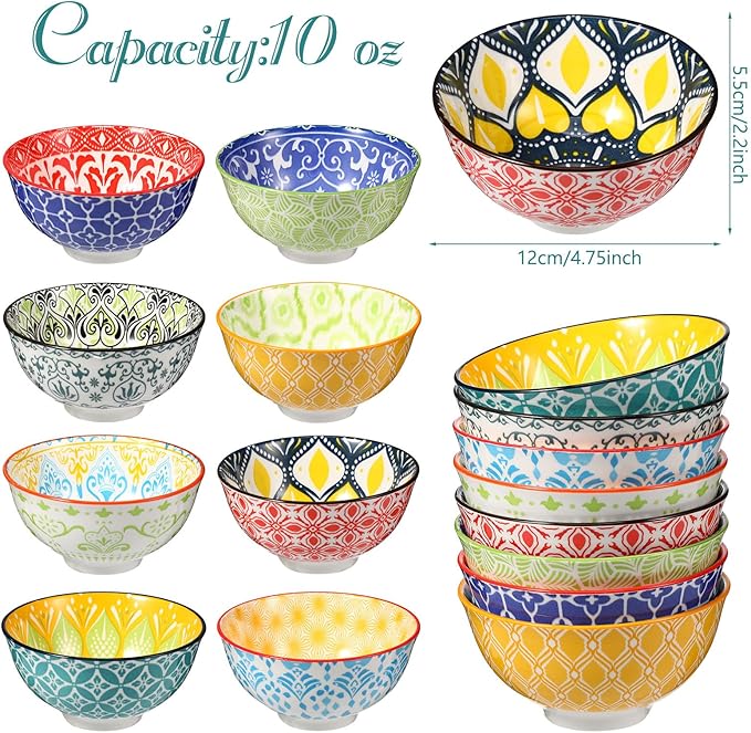 8 Pcs Colorful Ceramic Bowl Set 10 oz 4.75'' Porcelain Kitchen Soup Cereal Serving Bowls for Ramen Rice Dessert Snack Salad Ice Cream Pasta Oatmeal Microwave and Dishwasher Safe(Classic)
