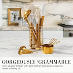 Styled Settings White and Gold Cooking Utensils Set with Holder - 15-Piece Silicone Cooking Tools with Utensil Holder, Measuring Cups, and Spoons - Elegant White and Gold Kitchen Accessories